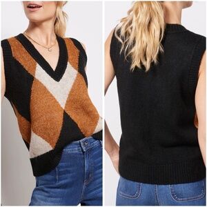Evereve Women Size S Payton Argyle Sweater Vest Brown Black White Plaid Pullover